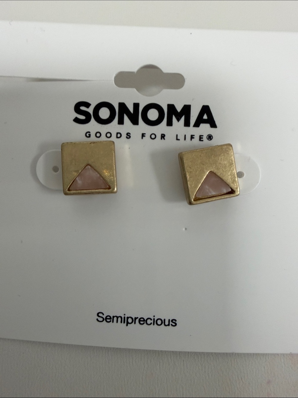 Gold Tone Square Studs with Pink Triangle Inset